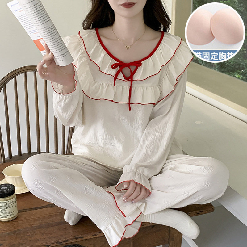 云朵棉睡衣女带胸垫春秋季新款韩版甜美ins风宽松长袖家居服套装|undefined