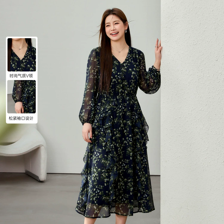 [Платье с V-образным вырезом с принтом холодного ветра] Платье с V-образным вырезом