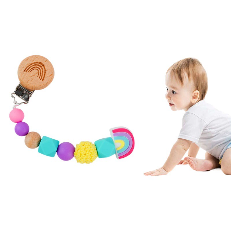 Зажим для соски из радужного бука Радуга Силиконовая бусина Жевательная резинка с защитой от падения Цепь для соски