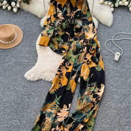 轻熟风穿搭女秋装欧美时尚感绑带收腰长袖印花衬衫高腰阔腿裤