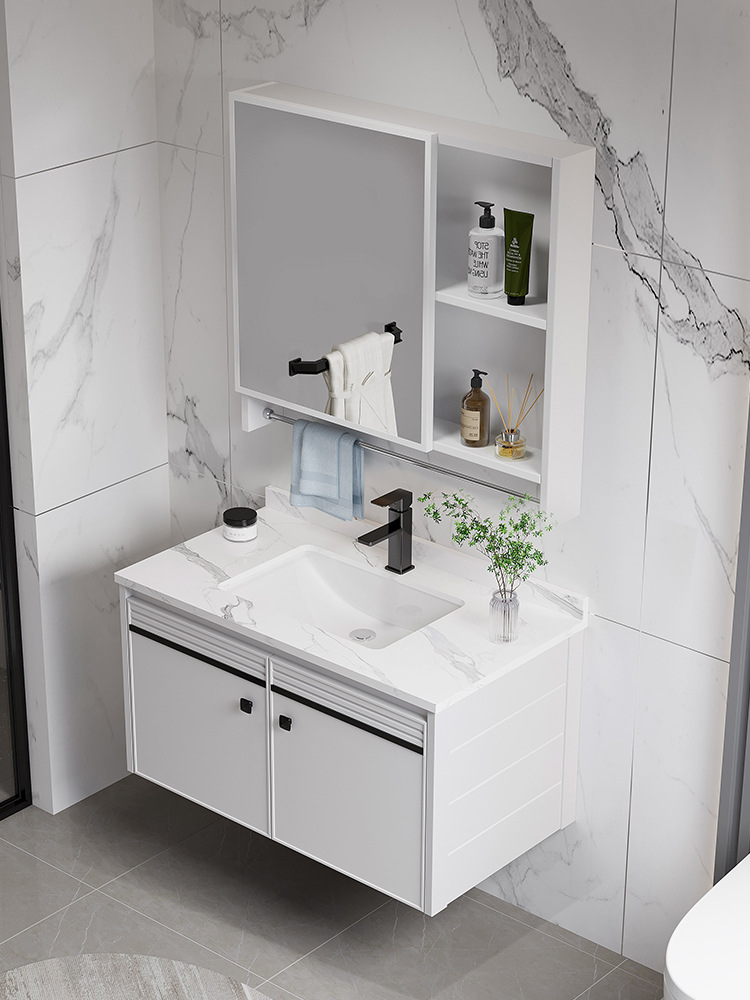 Moderno simple espacio de aluminio mueble de baño lavabo de baño combinación integrada lavabo de cerámica mesa de lavado lavabo