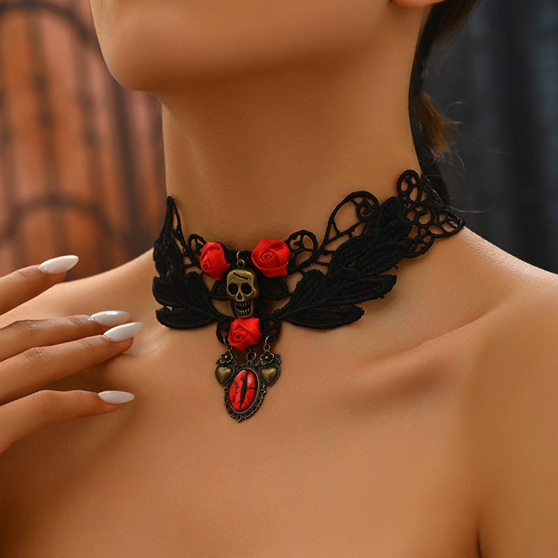 Halloween Greeting Card Set With Lace Flowers, Skull Eyes Necklace, Women's Hollowed Out Dark Pendant Accessory_voghion.com