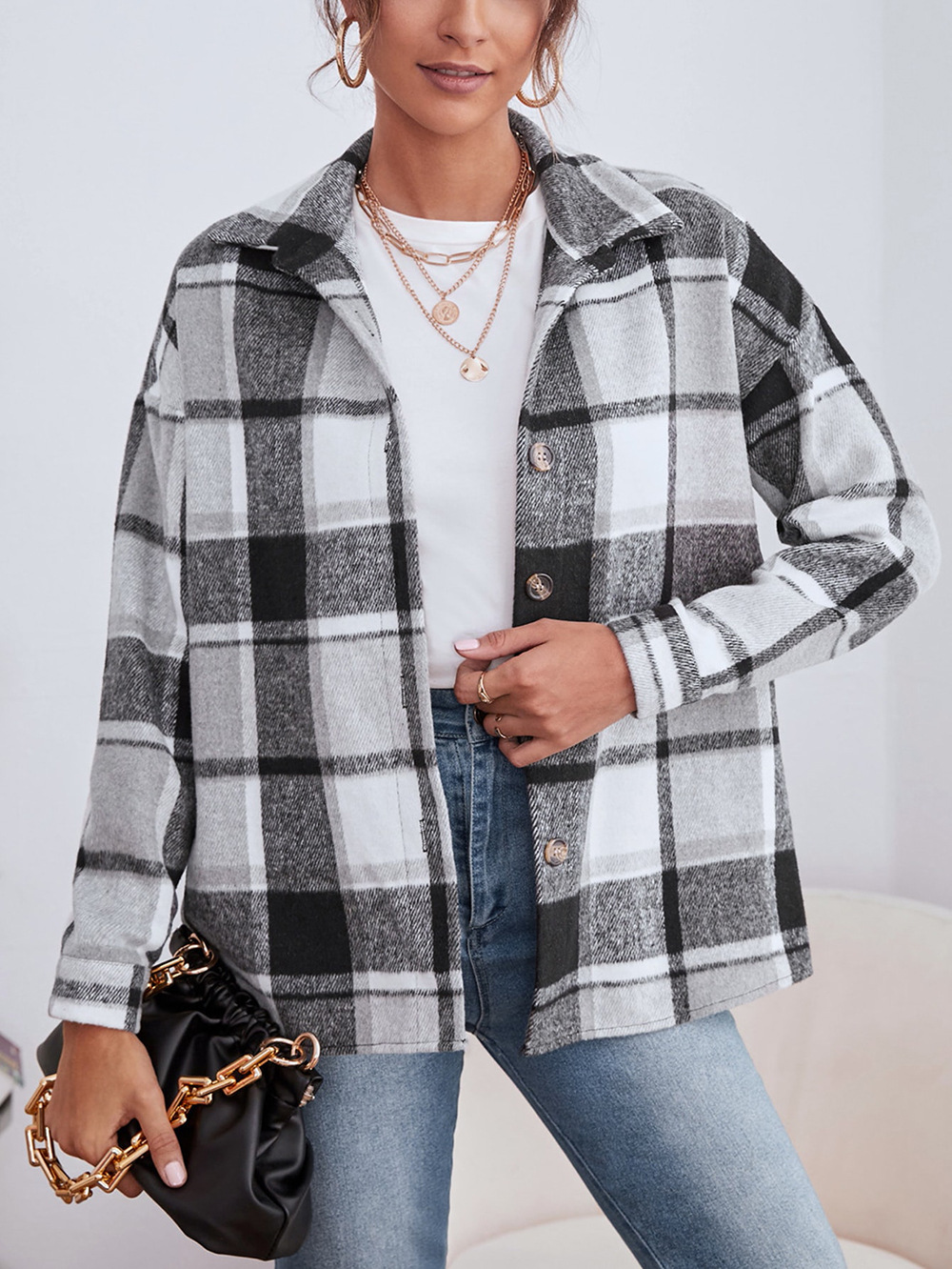 Abrigo de Lana a Cuadros para Mujer de Lana y Poliéster con Solapa y Botones para Otoño e Invierno image 9