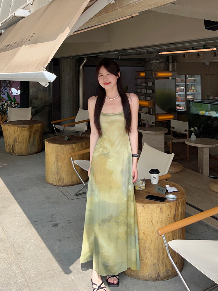 여성을위한 새로운 중국 스타일 스머지 민족 스타일 서스펜더 드레스 여름 녹색 허리 비치 거즈 스커트 해변 휴가 스타일 롱 스커트