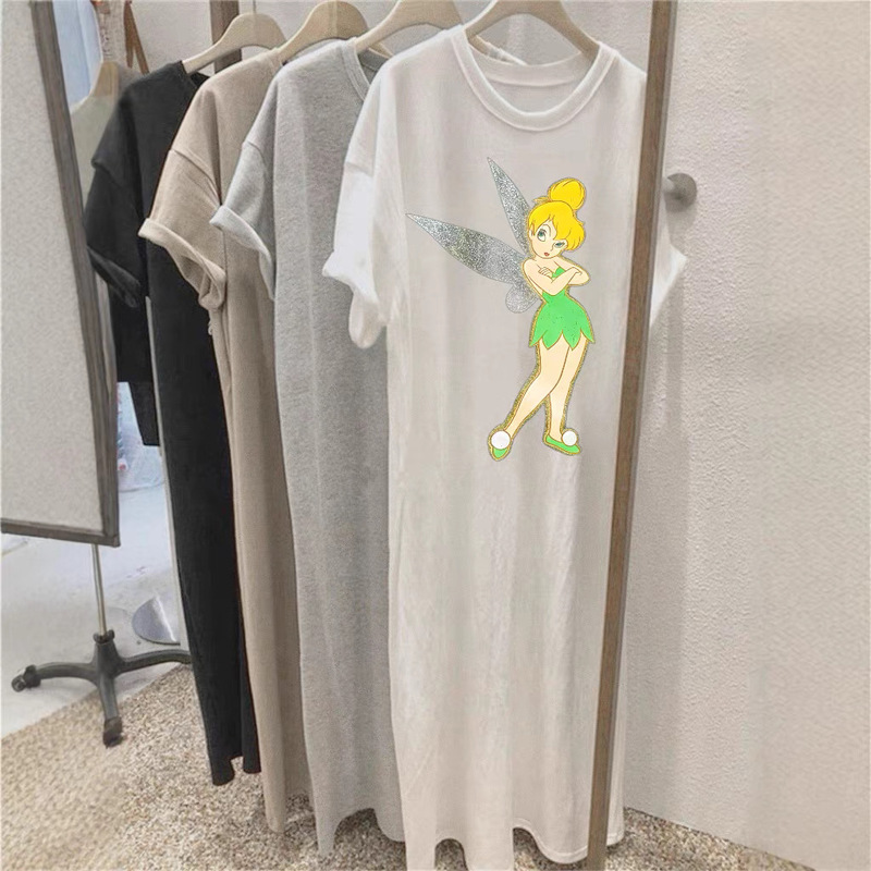 Korean-Style Retro Elf Print Summer Round-Neck Dress for Women, Mid-Length Short-Sleeve Slimming Slit T-Shirt Long Dress