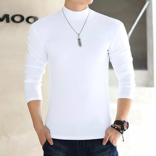 Cotton Half-High Collar Long-Sleeve T-Shirt for Men, Mid-Age, Thin Fit Base Shirt, Men's Tank Top, Solid Color Basic Large Size Top
