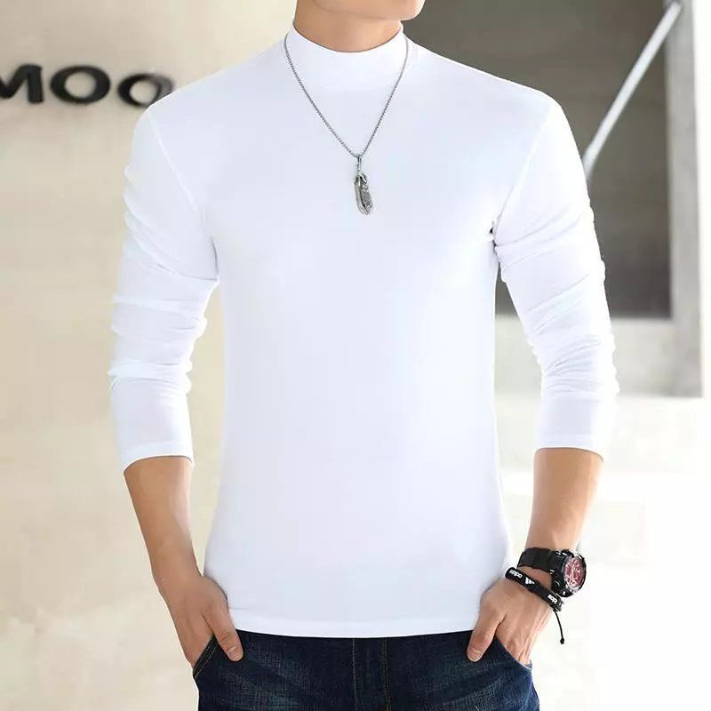Cotton Semi-high Collar Long-sleeved T-shirt Young and Middle-aged Men's Thin Base Shirt Men's T-shirt Solid Color Base plus size Top