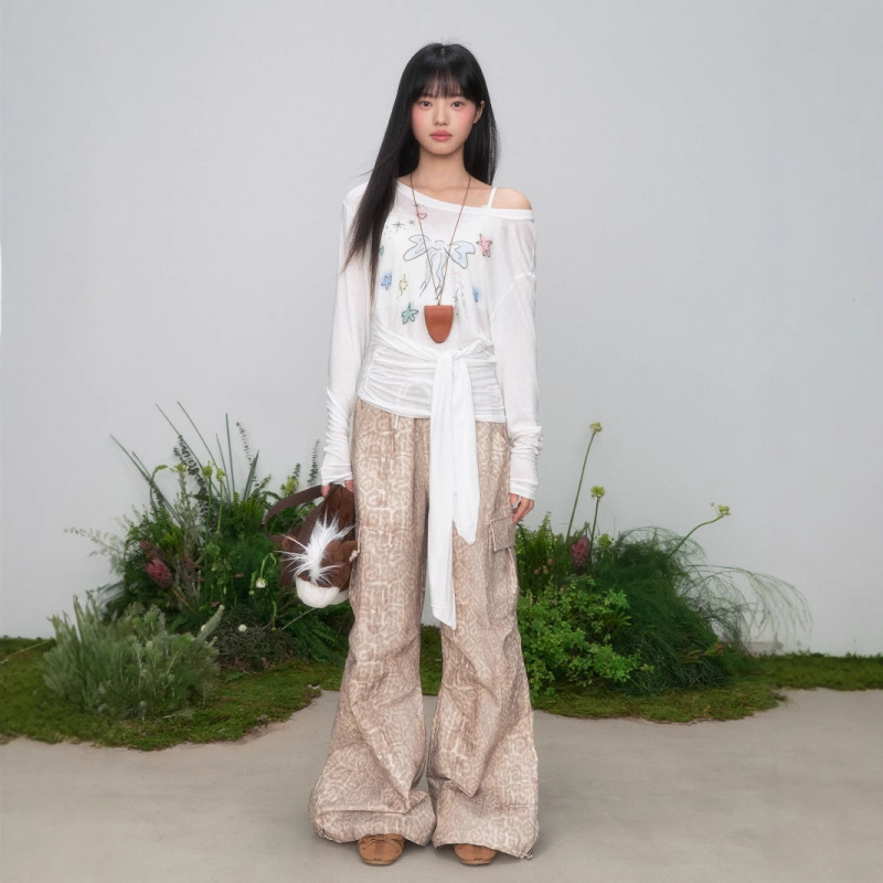 オリジナルの韓国式の斜め肩のストラップのプリントの日焼け止めの修身の長袖のtシャツの上着の女性|undefined
