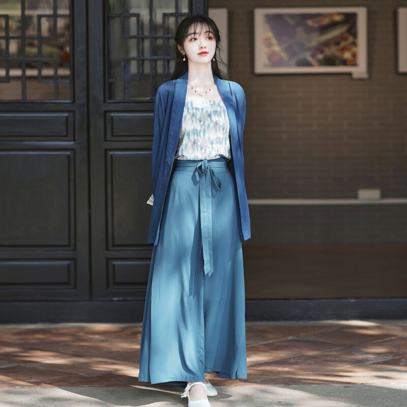Real Shot Chinese Tea Clothing Song-made Cardigan Han Clothing Spring and Summer Sling Han Elements Daily Improved Song Pants Commuter Suit