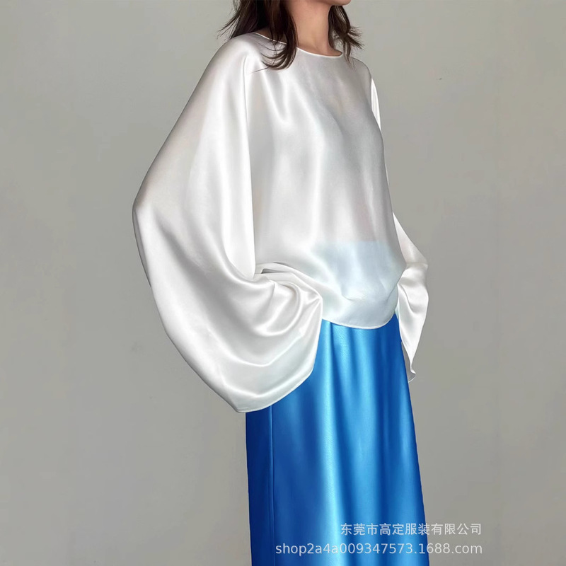 High-End Ready-To-Wear Japanese Heavyweight Acetate One-Piece Glossy Top with Long Sleeves, Extremely Slimming, Quiet Luxury, Minimalist Bell Sleeves High-End Ready-To-Wear Japanese Heavyweight Acetate One-Piece Glossy Top with Long Sleeves, Extremely Slimming, Quiet Luxury, Minimalist Bell Sleeves