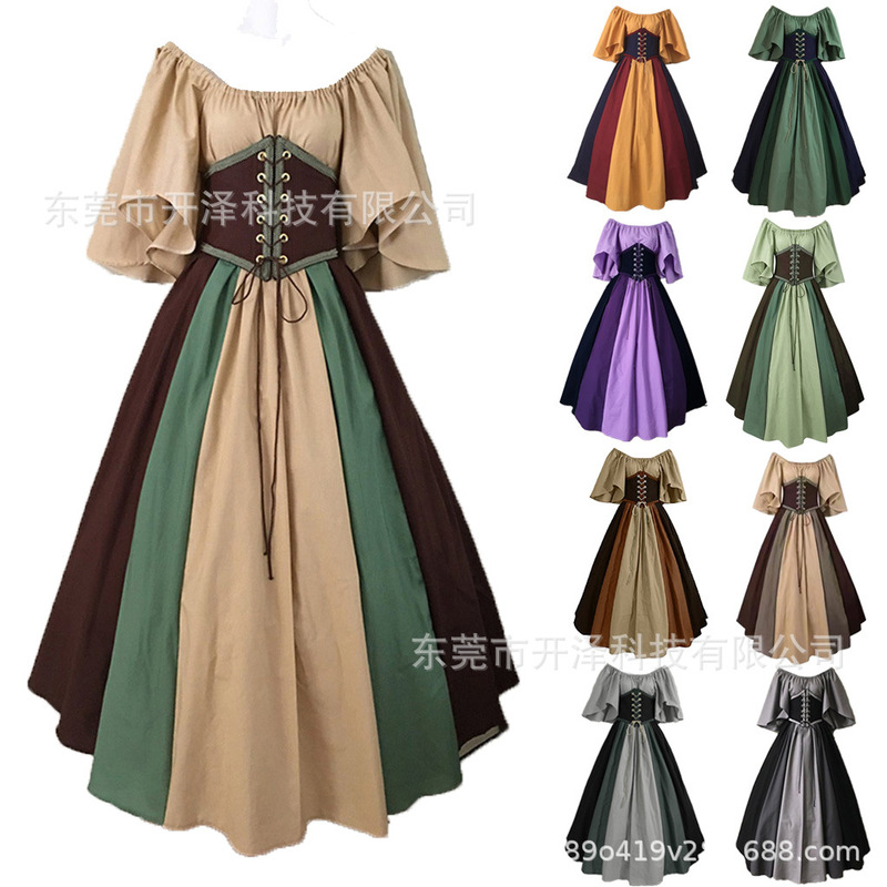 Medieval Retro Contrasting Color Slim Skirt with Flying Sleeves and Large Swing Skirt One-Shoulder Dress Female Cos Halloween Costume Medieval Retro Contrasting Color Slim Skirt with Flying Sleeves and Large Swing Skirt One-Shoulder Dress Female Cos Halloween Costume