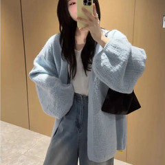 蓝色慵懒风针织开衫外套女新款韩系宽松中长款毛衣灯笼袖女装上衣