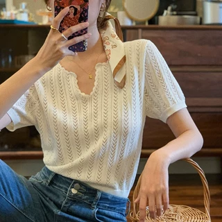 夏季法式复古缕空短袖小众设计感花边冰丝针织衫T恤气质上衣羊毛