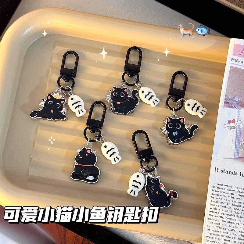 Black Cat and Fish Keychain Acrylic Double-sided Cat Pendant Cute Cartoon Bag Pendant Girlfriend Gift