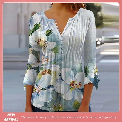 Bestselling 3D Digital Printing Spring Summer Autumn Women's One-Shoulder Versatile V-Neck Single Button Half-Sleeve Cardigan