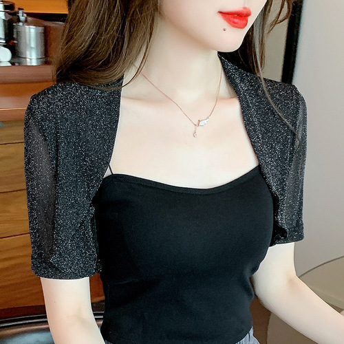 Small waistcoat high-end short-sleeved women's shawl summer new style with skirt chiffon blouse suspender skirt with cardigan tulle