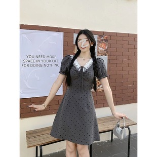 51287 French Style Grey Polar Dot Skirt 2025 Women's Summer chubby girl Tight Waist Slimming Belly Covering V-neck plus size dress