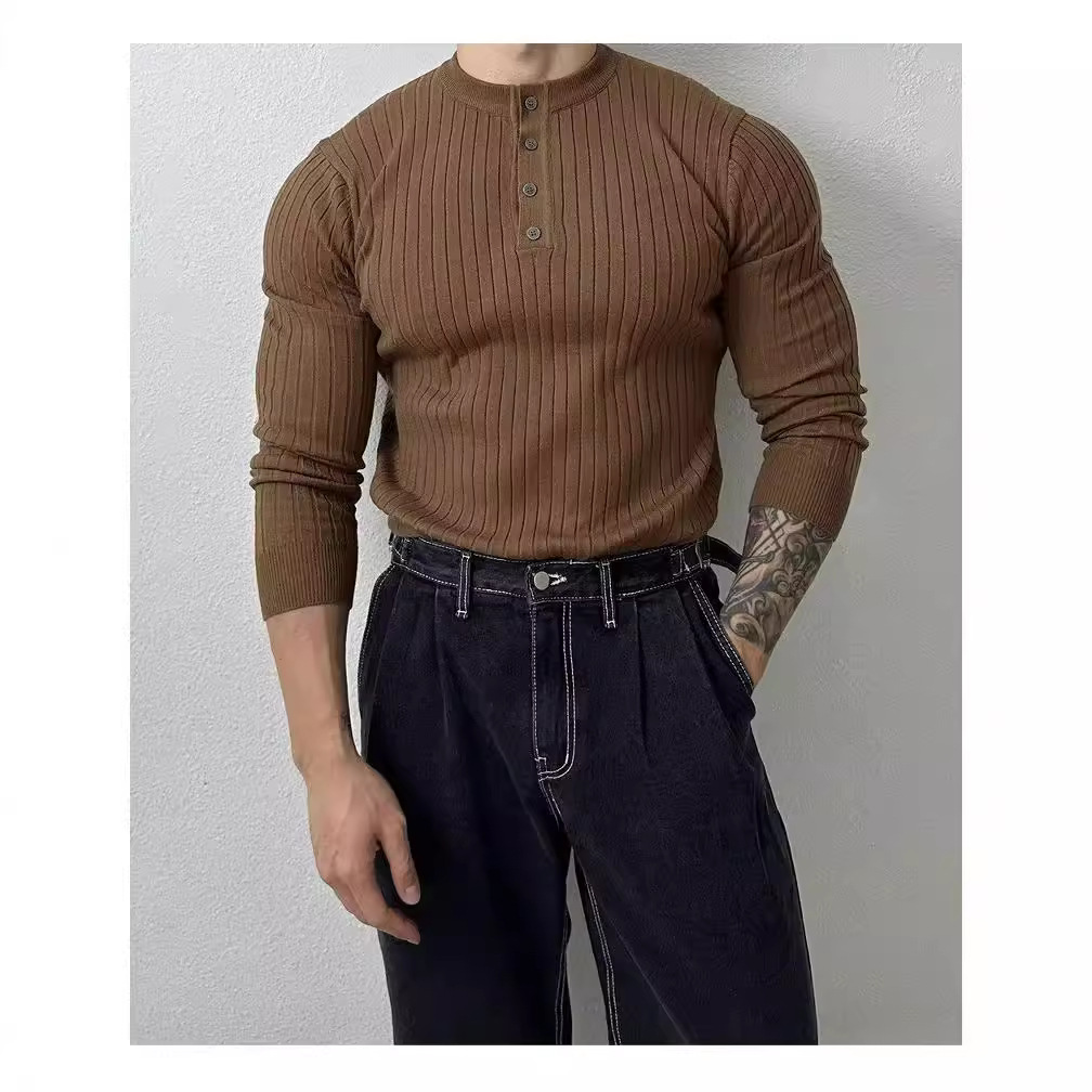 Camisa POLO de manga larga tejida para hombre, top de solapa a rayas sencillo para fitness de otoño, camisa POLO de manga larga para hombre image 5