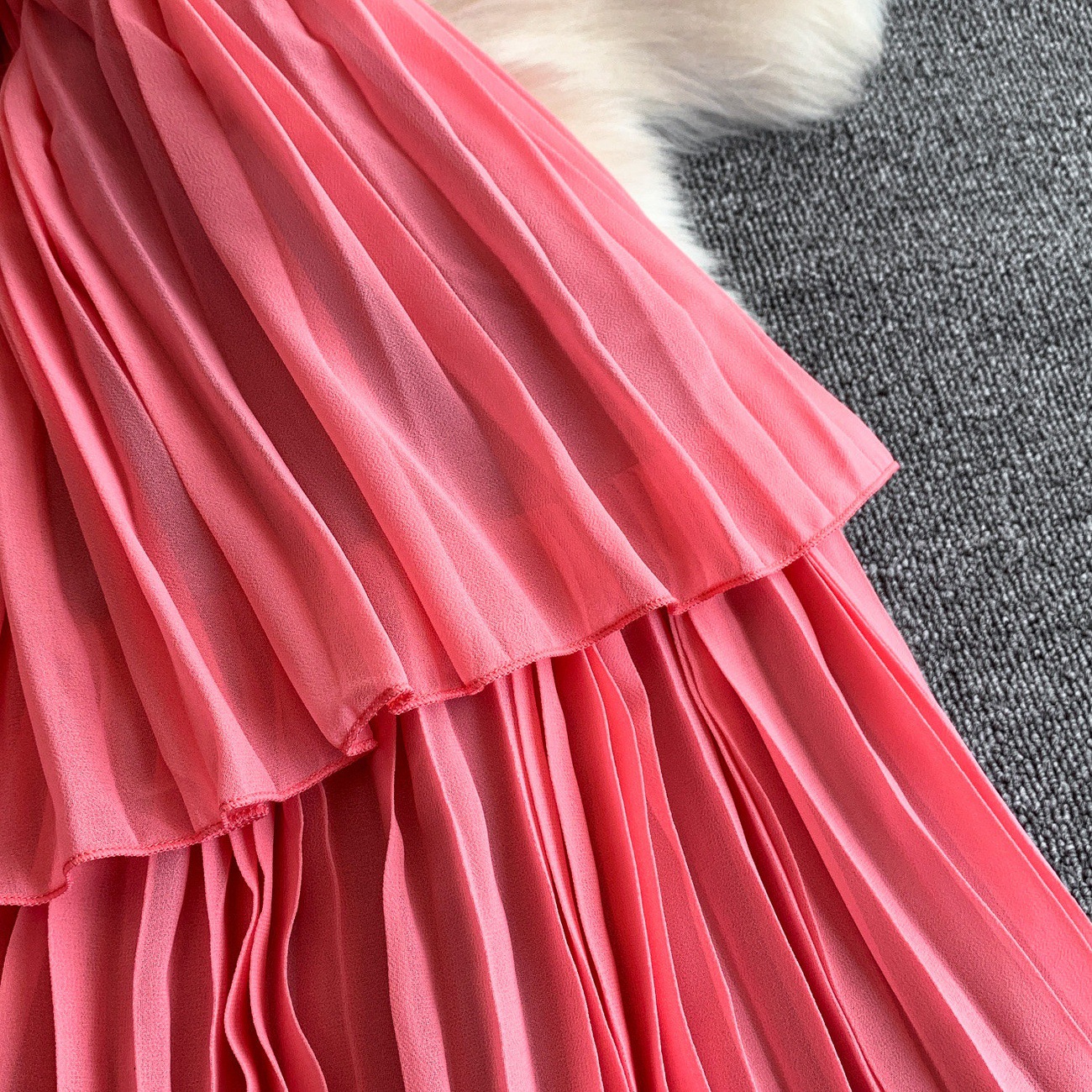 Women's French Style V-Neck Slip Dress Elegant Hollow Out Waist Cinching Slimming Pleated Long Skirt For Casual Elegant Fashion_ecoleips.com