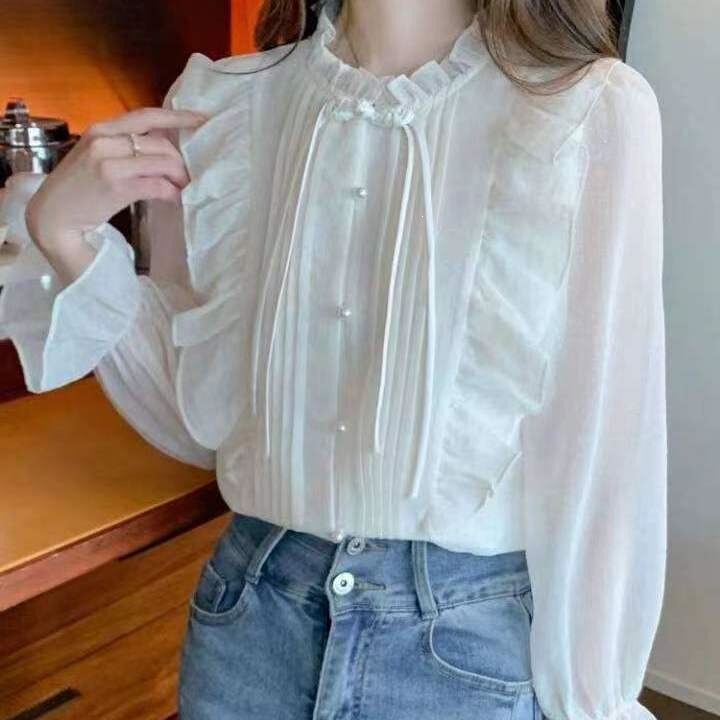2025 Spring/Summer New French Ruffle Blouse for Women, Fashionable and Gentle Chiffon Top with Unique and Trendy Design