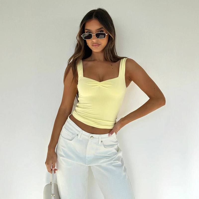 L25T108-2025 Summer European and American Women's Clothing Ins Pure Color Suspender Pleated Slim Backless Vest Top T-Shirt