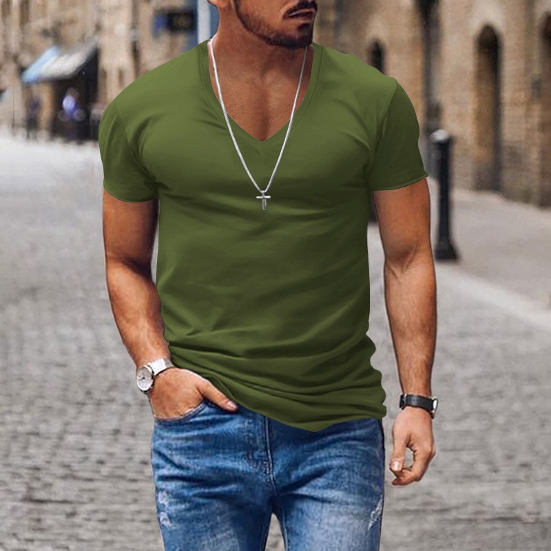 Men's Slim Fit V-neck T-shirt Solid Colour Casual Summer Style_voghion.com