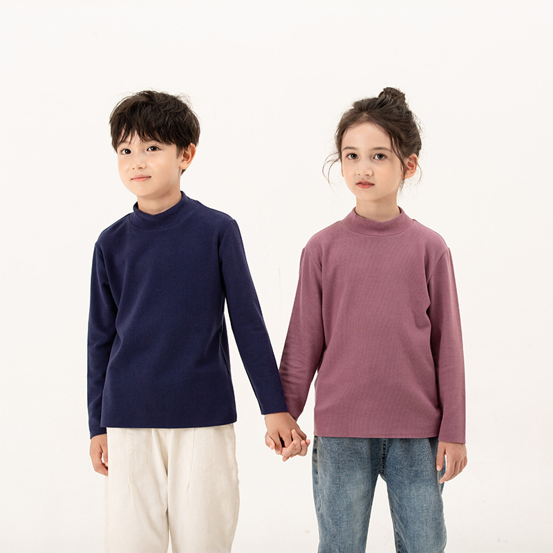 2023 New Korean Style Children's Solid Color Autumn/Winter Semi-High Collar Kids' Fleece Base Layer Top for Girls