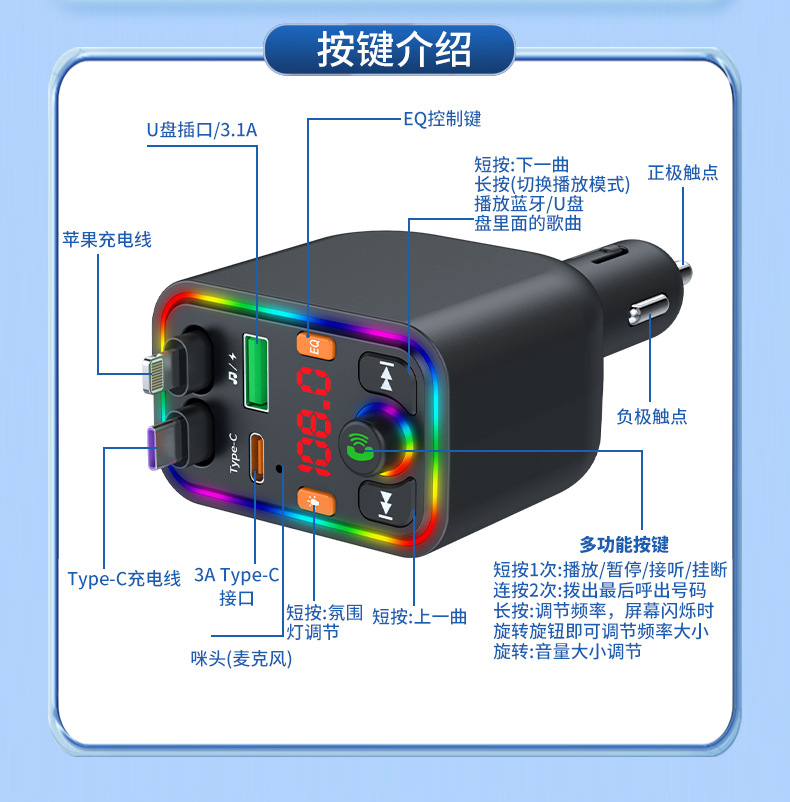 Ebay Cross-Border Factory Supply Car Bluetooth Receiver Supports Lossless Music Playback Car Mobile Phone Fast Charging