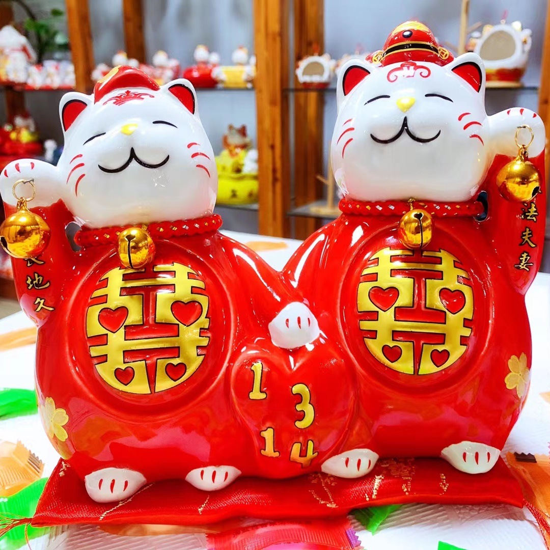 Personalidad creativa para atraer la fortuna pareja de gatos adornos regalos de boda doble xi ahorro lata decoración de la sala de estar cerámica gato chino
