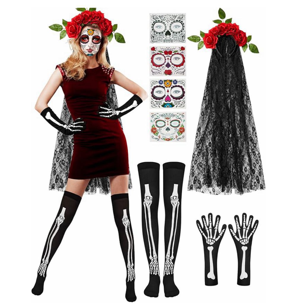 Halloween Day Of The Dead Headband, Thigh-High Socks, Full-Finger Skeleton Gloves, Tattoo Party Cosplay Costume_voghion.com