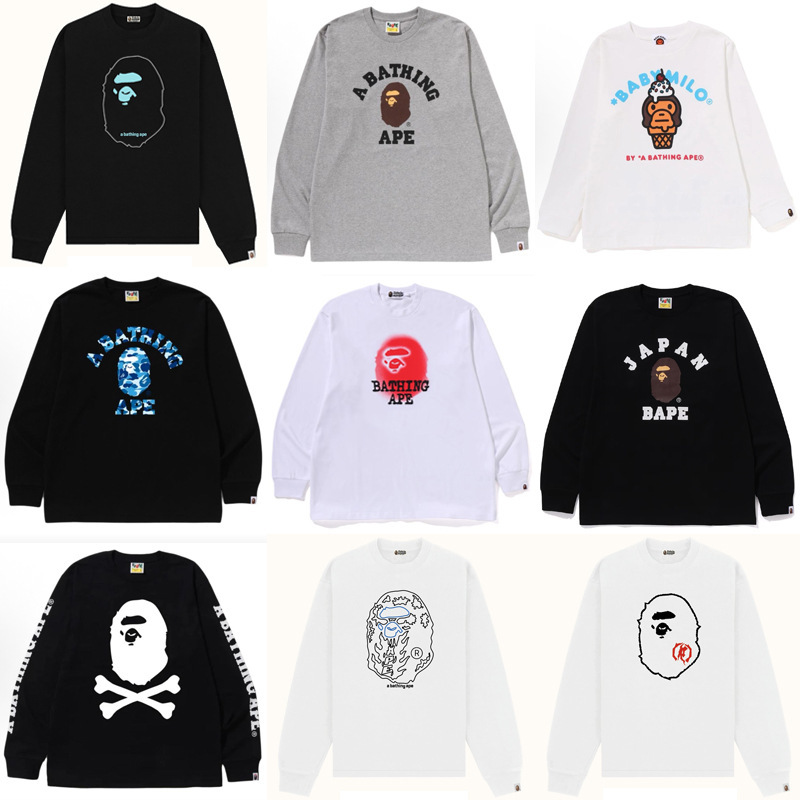 Cross-Border Foreign Trade Japanese Trendy Brand Bape Ape Head Long-Sleeve T-Shirt Shark Unisex Cartoon Print Base Shirt