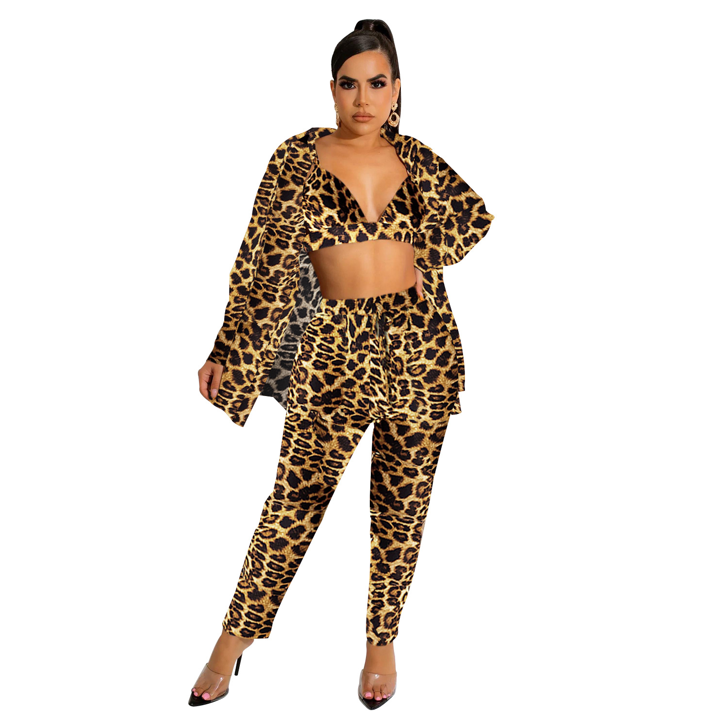 Women's Clothing fashion women's long sleeved collared jacket lined trousers three piece set_voghion.com