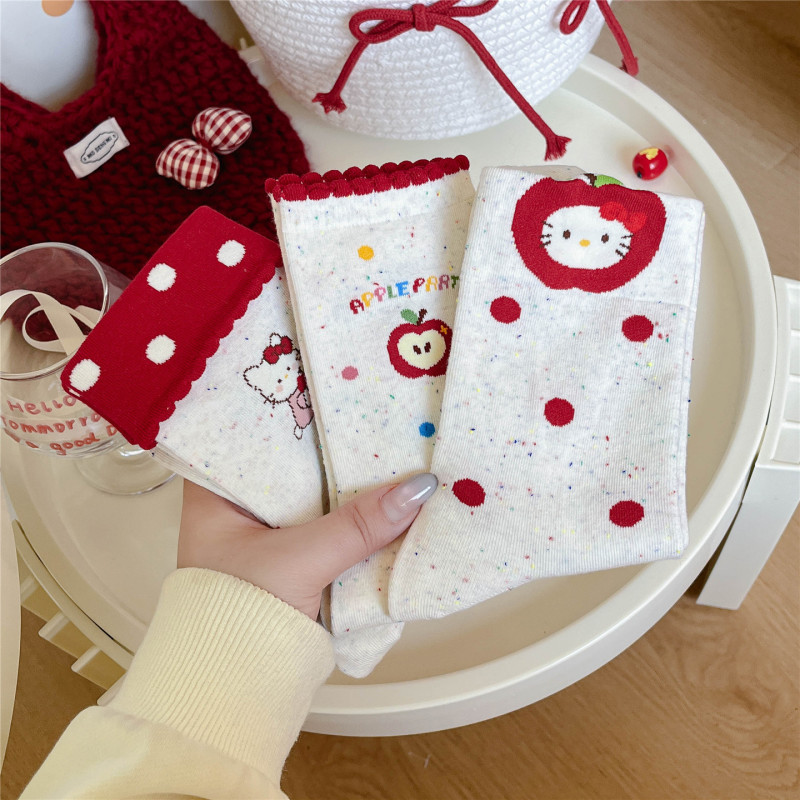 Cartoon Cute Apple Kitten Polka Dot Socks for Women Autumn and Winter Kitty Cat Sweet Girly Style Women's Mid-Calf Cotton Socks Cartoon Cute Apple Kitten Polka Dot Socks for Women Autumn and Winter Kitty Cat Sweet Girly Style Women's Mid-Calf Cotton Socks