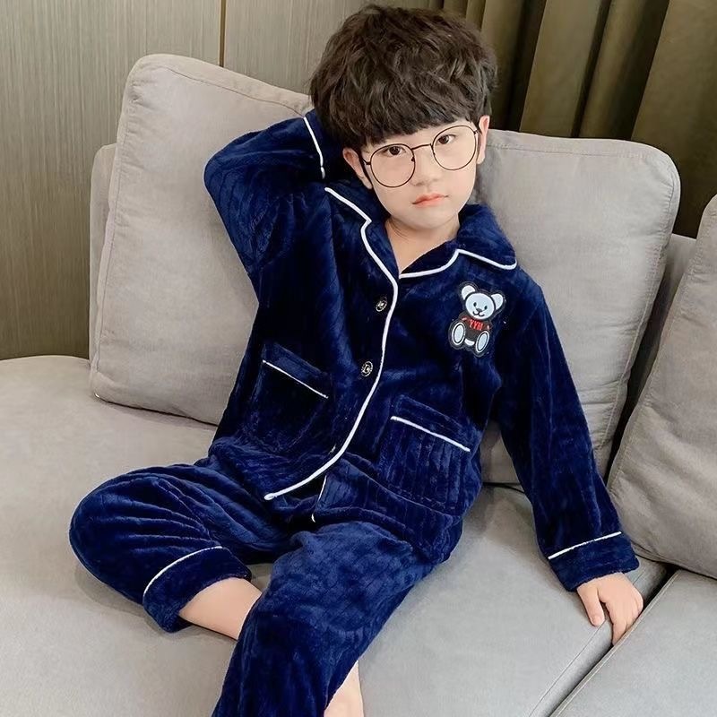 남학생의 겨울 어린이 잠옷 2023 가을 겨울 소년 가정 옷 학생 기모 산호 양털 대형 어린이 플란넬