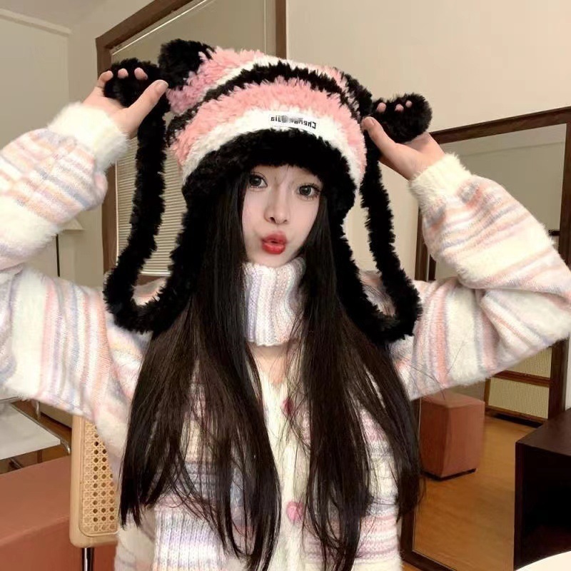 帽子女猫耳朵条纹毛线帽冬季帽子双毛球保暖帽皮标毛绒护耳针织帽|undefined
