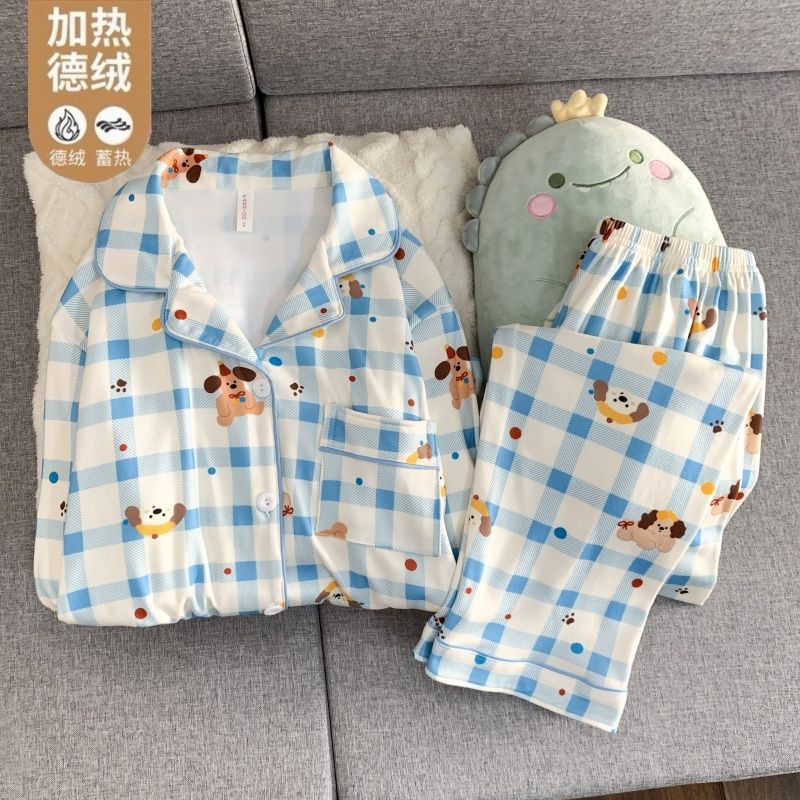 Al por mayor transfronterizo otoño y invierno explosión de ternilla caliente pijama de manga larga mujer traje dulce cardigán de dibujos animados con solapa ropa para el hogar