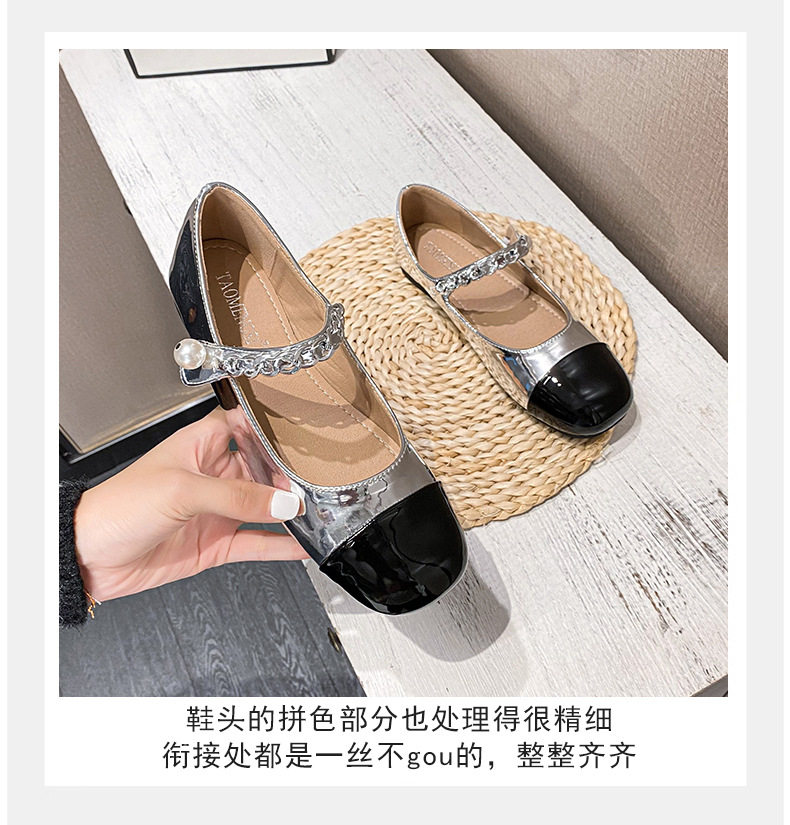 Giày Mary Jane nữ mũi vuông đế bằng phối màu ngọc trai, gót thấp 1–3 cm — Bạc phối đen, Đen bạc, Đen trắng chi tiết 10