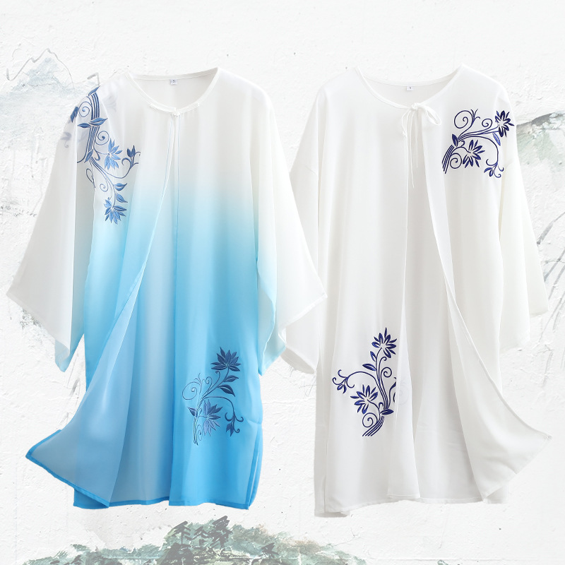 太极服外搭披纱春夏中国风武术练功男女太极团队表演渐变刺绣撸领