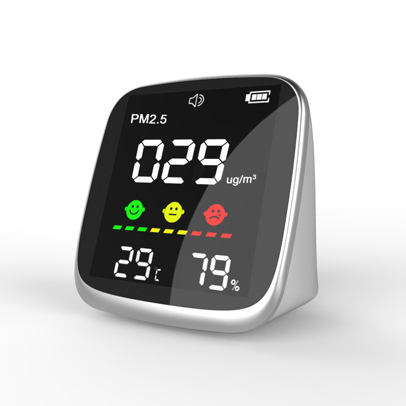 Suministro directo de la fuente, función de alarma, detector de calidad del aire PM2.5, temperatura y humedad, comercio inglés