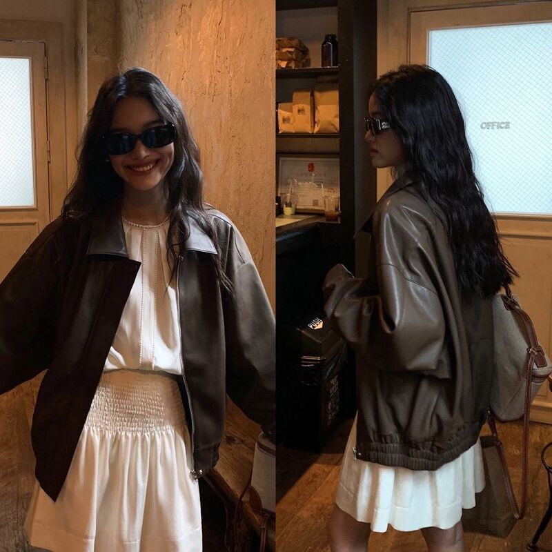 Brown Retro Pu Leather Jacket for Women, Autumn 2026 New Korean Style Loose Fit Petite Biker Jacket Top