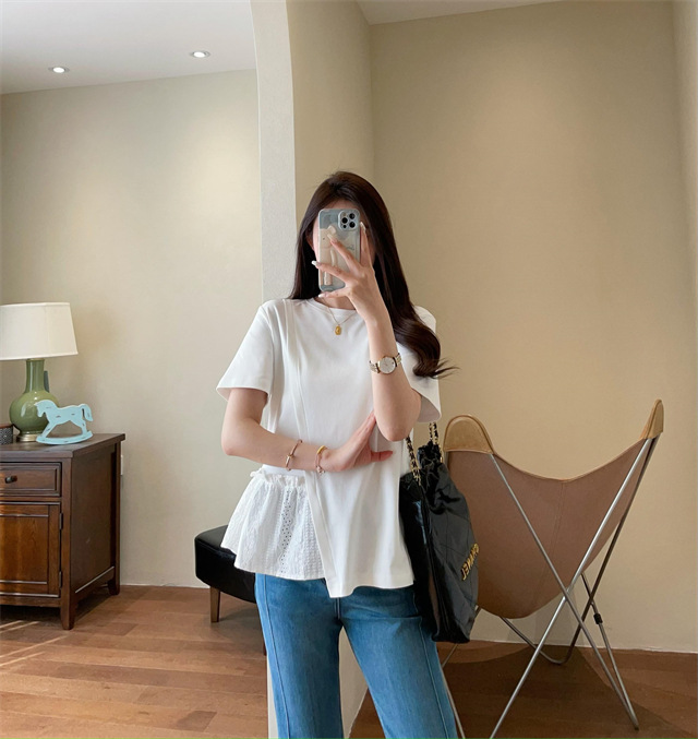 Design sense: Unconventional irregular hollowed-out embroidery patchwork hem, loose short-sleeved T-shirt for women, Spring/Summer 2025 G032206 pic 18