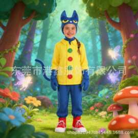 万圣节卡通皮特猫儿童套装黄色上衣蓝色长裤手套头套全套演出服装