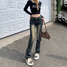 美式怀旧烟管裤低腰辣妹修身显瘦小直筒裤牛仔裤女春夏长裤加长
