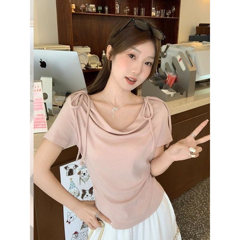 Irregular Pleated Waistline Off-Shoulder Two-Way T-Shirt for Women Summer Hot Girl Pure Desire Vacation Slimming Top