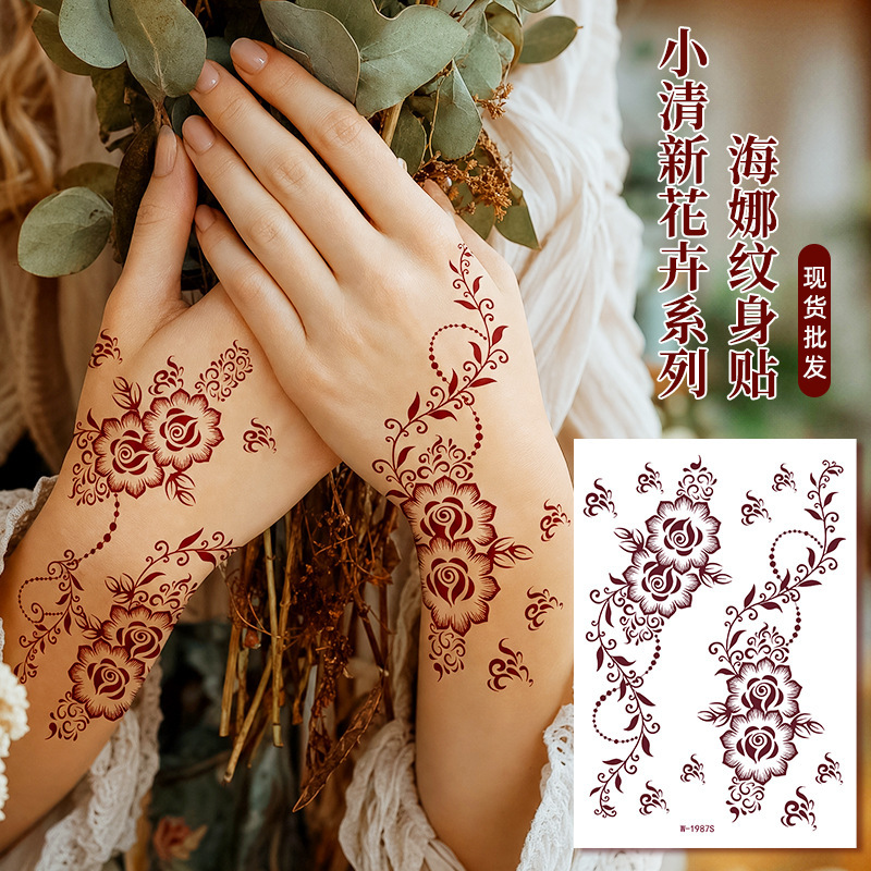 Cross-border henna tattoo stickers, waterproof and long-lasting, Indian henna ethnic floral vine hand-painted temporary tattoo