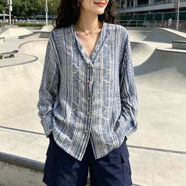 2026夏季苎麻开衫 新款气质印花中式纽扣设计 女清凉百搭衬衫