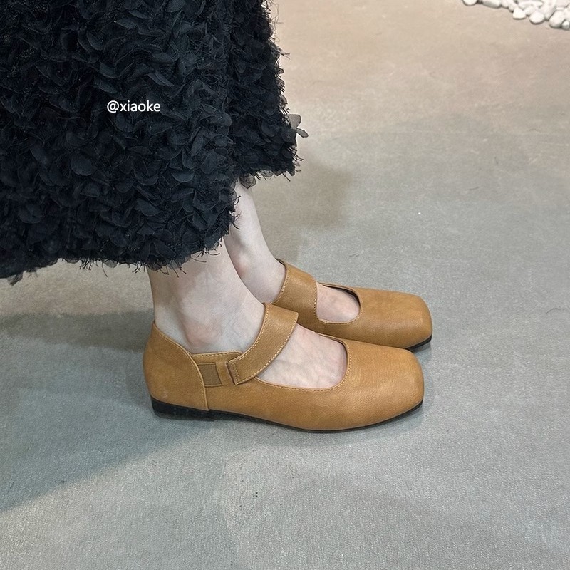 Zapatos individuales Mary Jane retro francés de cabeza cuadrada, suave de una palabra con temperamento plano, brisa nocturna, zapatos de cuero de primavera y otoño, zapatos de noche