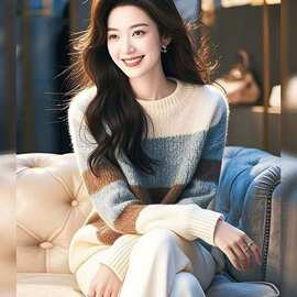 白色条纹马海毛毛衣女装秋冬2026新款软糯甜美百搭套头针织衫上衣