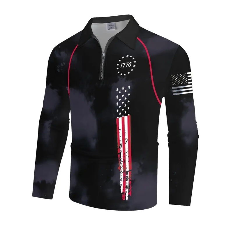 Primavera y otoño de los hombres sueltos de manga larga, solapa de hombro, cremallera, camisa POLO, top de todo fósforo, bandera de belleza clásica, impresión 3D