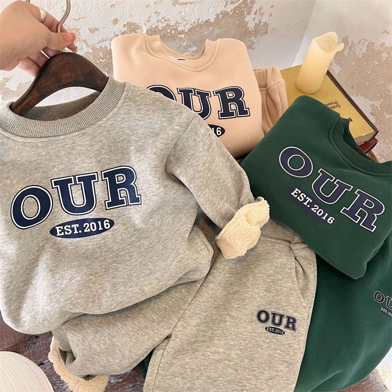 Kid's Clothing Spring And Autumn And Winter Boys And Girls Printed Letters Warm Tide Treasure Plus Velvet Thickened Our Sweatshirt Suit_voghion.com